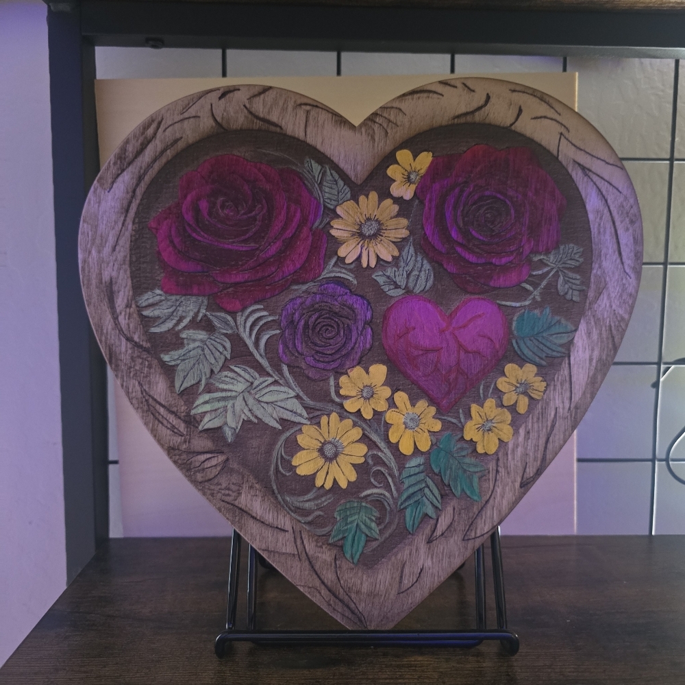 Heart of Roses Laser Engraved 10" Wooden Plaque w/stand
